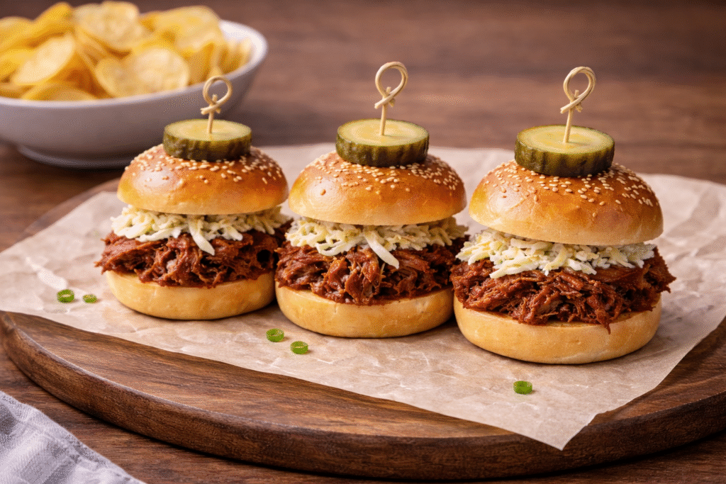 Pulled pork sliders served on a tray cooked in a Whynter slow cooker
